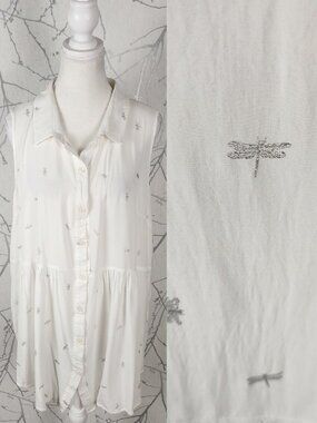Solitaire White Silver Dragonfly Print Button Front Tunic Tank